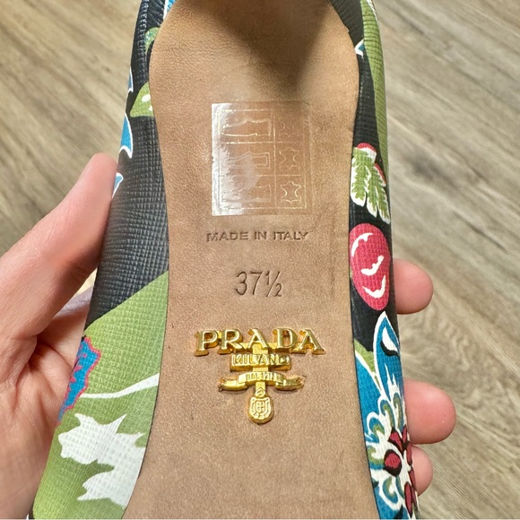 Prada St Ramage Black Floral Print Saffiano Leather Stiletto High Heels 7.5 37.5 - Picture 12 of 12